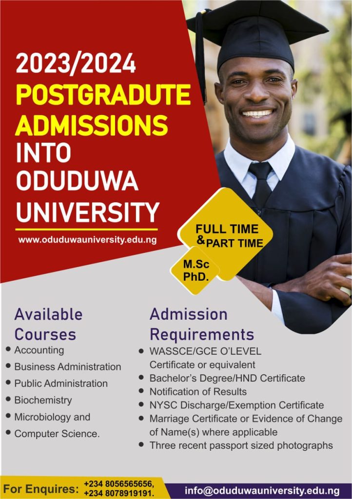 Oduduwa University, Ipetumodu – Osun State 2025/2026 Session Admission forms are on sales